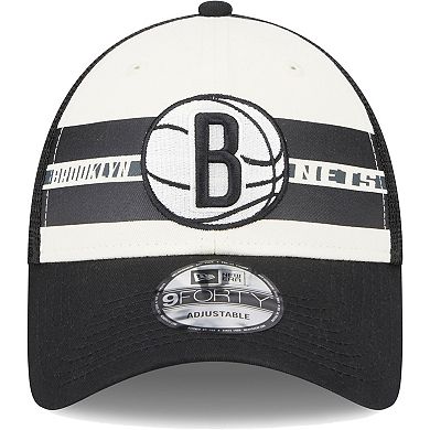 Men's New Era Brooklyn Nets Black Stripes 9FORTY Trucker Snapback Hat