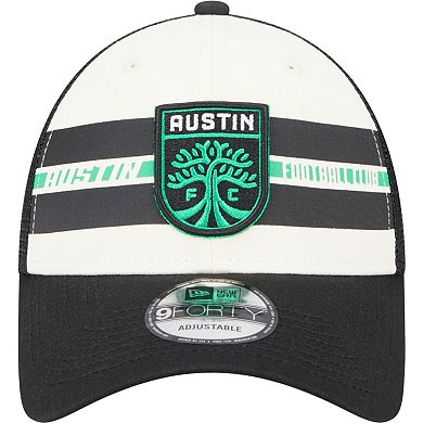 Men's New Era White/Black Austin FC Team Stripes 9FORTY Trucker Snapback Hat