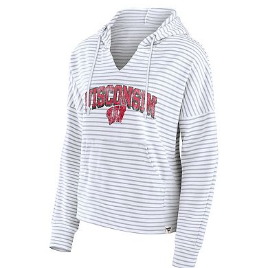Women's Fanatics Branded  White Wisconsin Badgers Striped Notch Neck Pullover Hoodie