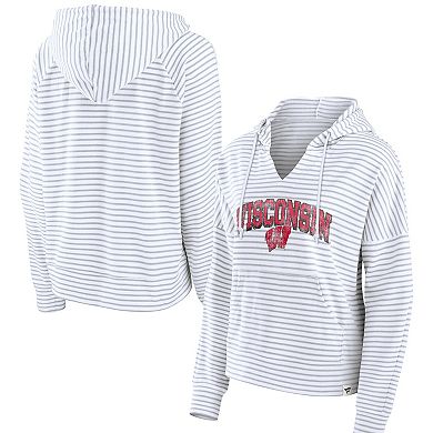 Women's Fanatics Branded  White Wisconsin Badgers Striped Notch Neck Pullover Hoodie