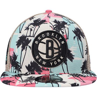 Men's New Era Cream Brooklyn Nets Palm Trees 9FIFTY Trucker Snapback Hat