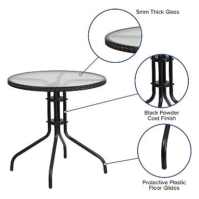 Emma and Oliver 28" Round Tempered Glass Metal Table with Rattan Edging