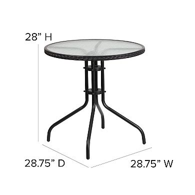 Emma and Oliver 28" Round Tempered Glass Metal Table with Rattan Edging