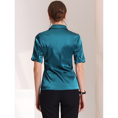 Women's Work Business Casual Summer Short Sleeve Satin Button Down Shirts