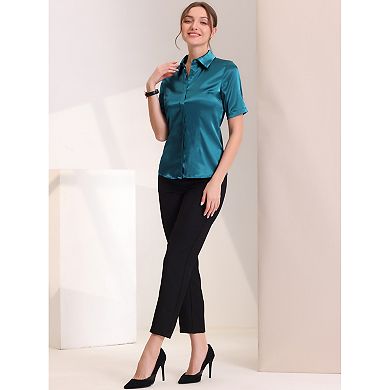 Women's Work Business Casual Summer Short Sleeve Satin Button Down Shirts