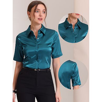 Women's Work Business Casual Summer Short Sleeve Satin Button Down Shirts