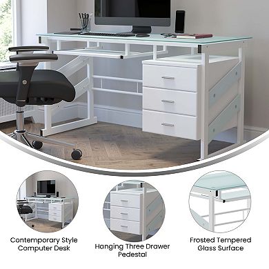 Emma and Oliver White Computer Desk with Frosted Glass Top and Three Drawer Pedestal