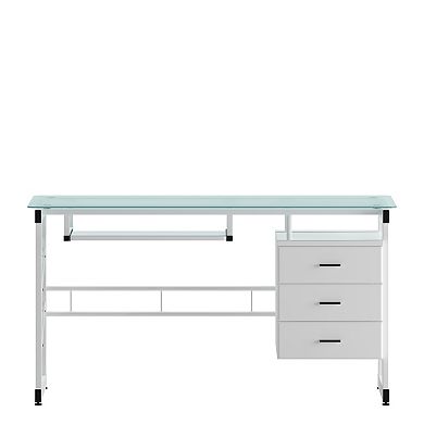 Emma and Oliver White Computer Desk with Frosted Glass Top and Three Drawer Pedestal