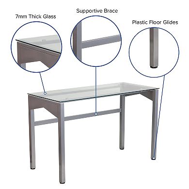 Emma and Oliver Contemporary Clear Tempered Glass Desk with Geometric Sides and Silver Frame