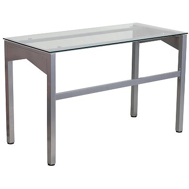 Emma and Oliver Contemporary Clear Tempered Glass Desk with Geometric Sides and Silver Frame