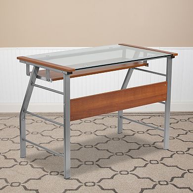 Emma and Oliver Glass Computer Desk with Pull-Out Keyboard Tray and Bowed Front Frame