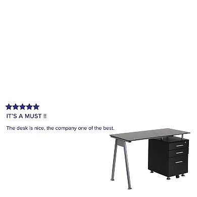 Emma and Oliver Computer Desk with Tempered Glass Top and Three Drawer Pedestal