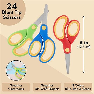 24 Pack Round Blunt Tip Kids Scissors, Bulk For Classroom Crafts, 3 Colors, 5 In