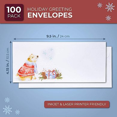 #10 Size Holiday Christmas Envelopes, Winter Bear Theme (9.5 x 4.15 In, 100 Count)