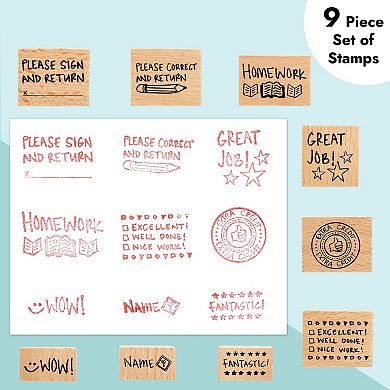 9 Piece Set Of Wooden Teacher Stamps For Classroom, Grading (assorted Sizes)