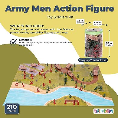 Army Men Action Figures with Map, Includes Carrying Tote for Easy Clean up & Storage (210 Pieces)