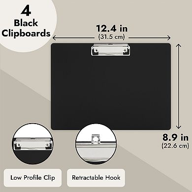 4 Pack Horizontal Black Plastic Clipboards With Low Profile Clip, 12.4 X 8.9 In