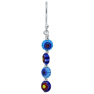 Aleure Precioso Sterling Silver Round Blue & Red Glass Bead Linear Drop Fishhook Earrings