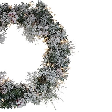 Northlight Pre-lit Heavily Flocked Berries & Pine Cones Artificial Christmas Wreath with Clear Lights