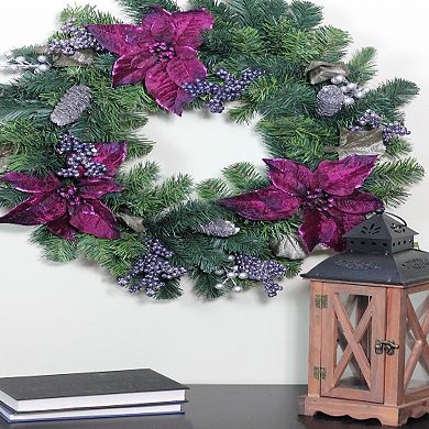 Northlight Purple Poinsettia & Silver Pine Cone Artificial Christmas Wreath