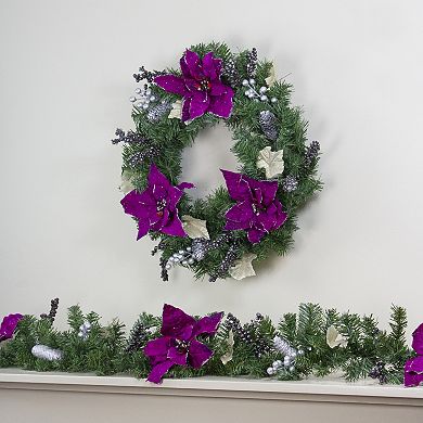 Northlight Purple Poinsettia & Silver Pine Cone Artificial Christmas Wreath
