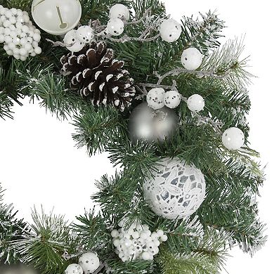 Northlight Green Pine Frosted Artificial Christmas Wreath with Laced Ornaments
