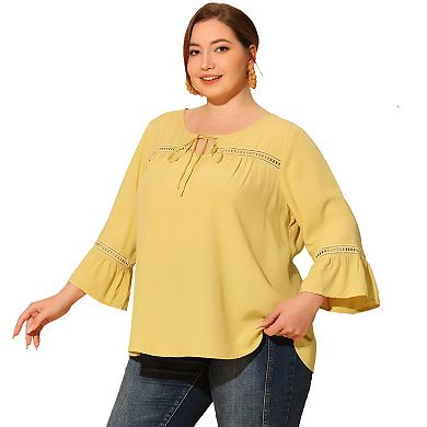 Plus Size Tops for Women Tie Neck Lace Insert 3/4 Flare Sleeve Blouses