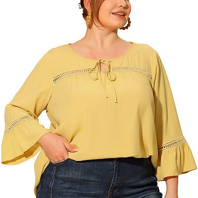 Plus Size Tops for Women Tie Neck Lace Insert 3/4 Flare Sleeve Blouses