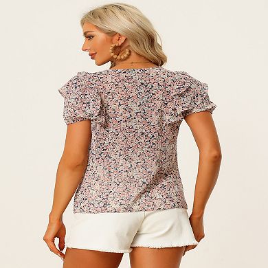 Ruffle Tops for Women's V Neck Short Sleeve Casual Button Down Floral Blouse