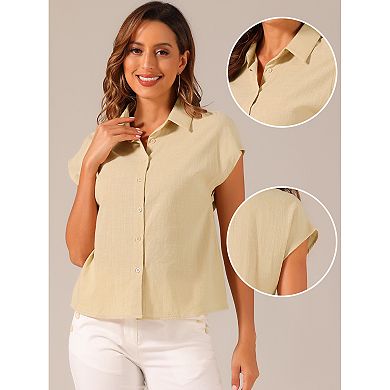 Summer Button Up Shirt For Women's Cotton Cap Sleeve Everyday Casual Blouse Tops