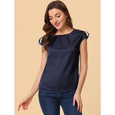 Women's Cap Sleeve Silky Blouse Round Neck Pleated Casual Elegant Top