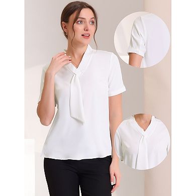 Women's Short Sleeve Casual V Neck Chiffon Blouses Tops With Tie