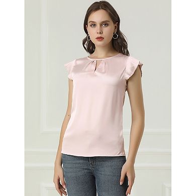 Women's Cut Out Keyhole Back Straight Solid Pleated Cap Sleeve Blouse