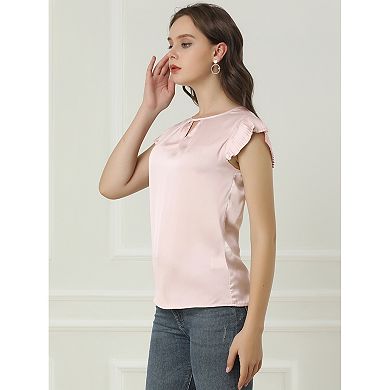 Women's Cut Out Keyhole Back Straight Solid Pleated Cap Sleeve Blouse