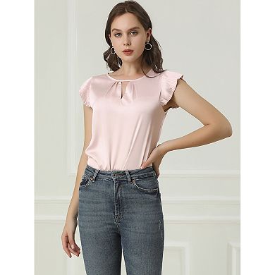 Women's Cut Out Keyhole Back Straight Solid Pleated Cap Sleeve Blouse