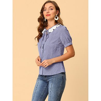 Women's Ruffle Tie V Neck Button Down Polka Dots Blouse Shirts