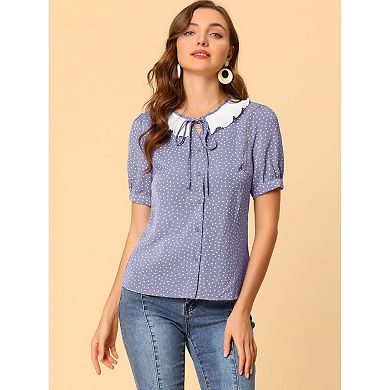 Women's Ruffle Tie V Neck Button Down Polka Dots Blouse Shirts