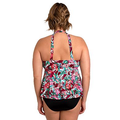 Plus Size A Shore Fit Jungle Jive Hip Solutions 2-Tier Hi-Neck Swim Top