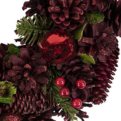 Northlight Red Pinecone Berry and Ornament Christmas Wreath 13.5-in. Unlit