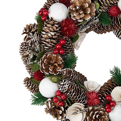 Northlight White Wooden Rose and Pine Cone with Berries Artificial Christmas Wreath 13.5-in. Unlit