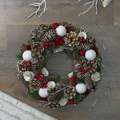 Northlight White Wooden Rose and Pine Cone with Berries Artificial Christmas Wreath 13.5-in. Unlit