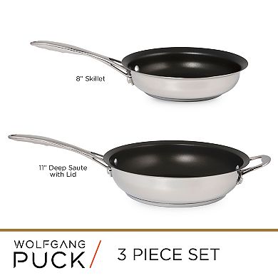 Wolfgang Puck 3-Piece Stainless Steel Skillet Set, Scratch-Resistant Non-Stick Coating, Includes a Large and Small Skillet, Clear Tempered-Glass Lid, Cool Touch Handles, Extra-Wide Rims