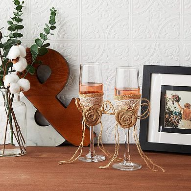 Sparkle and Bash Champagne Flutes, Glasses with Jute Flower for Rustic Wedding (2.5 x 8.4 In, 2 Pack)