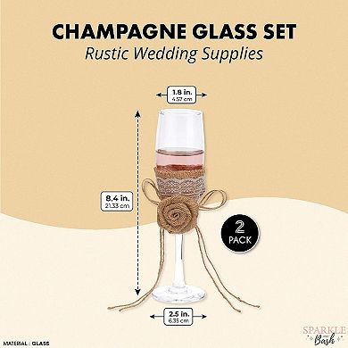 Sparkle and Bash Champagne Flutes, Glasses with Jute Flower for Rustic Wedding (2.5 x 8.4 In, 2 Pack)
