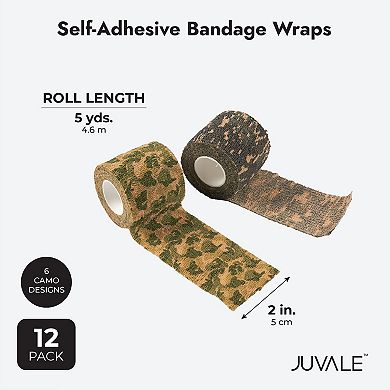 Juvale 12 Rolls Self Adhesive Bandage Wraps, 2 Inch x 5 Yards Cohesive Vet Tape for First Aid (Camo Designs)