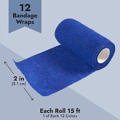 Juvale 12 Rolls Colorful Self Adhesive Bandage Wrap, 4 Inches x 5 Yards Cohesive Vet Tape for First Aid (12 Bright Colors)