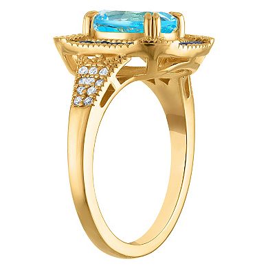 Tiara 14k Gold Plated Sterling Silver Blue Topaz & 1/6 Carat T.W. Diamond Ring