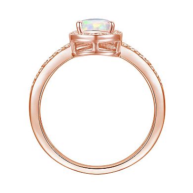 14k Rose Gold Over Silver Lab-Created Opal Teardrop & Lab-Created White Sapphire Chevron Ring