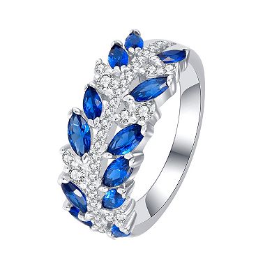 Sterling Silver Blue & White Cubic Zirconia Leaf Pattern Ring