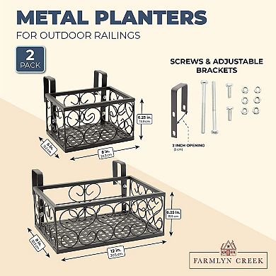 Farmlyn Creek Metal Hanging Planters for Outdoor Deck, Railing, Patio (Black, 2 Sizes, 2 Pack)